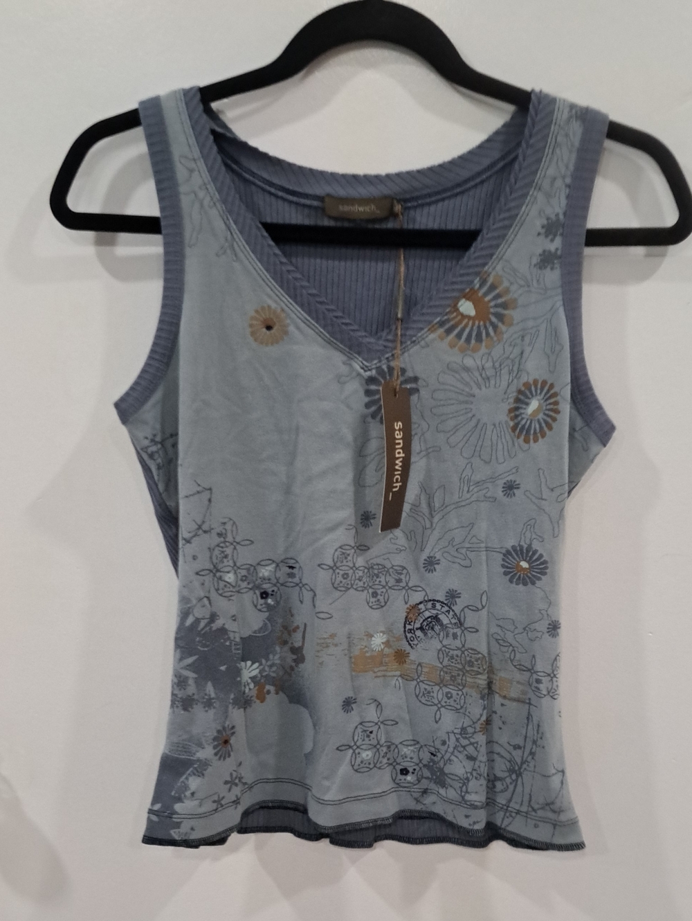 Sandwich Blue Floral V‑Neck Ribbed Tank Top